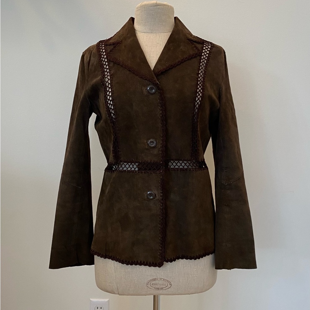 White Stag Womens Vintage Brown Suede Blazer w Macramé Trim Size 4/6 - Picture 2 of 11